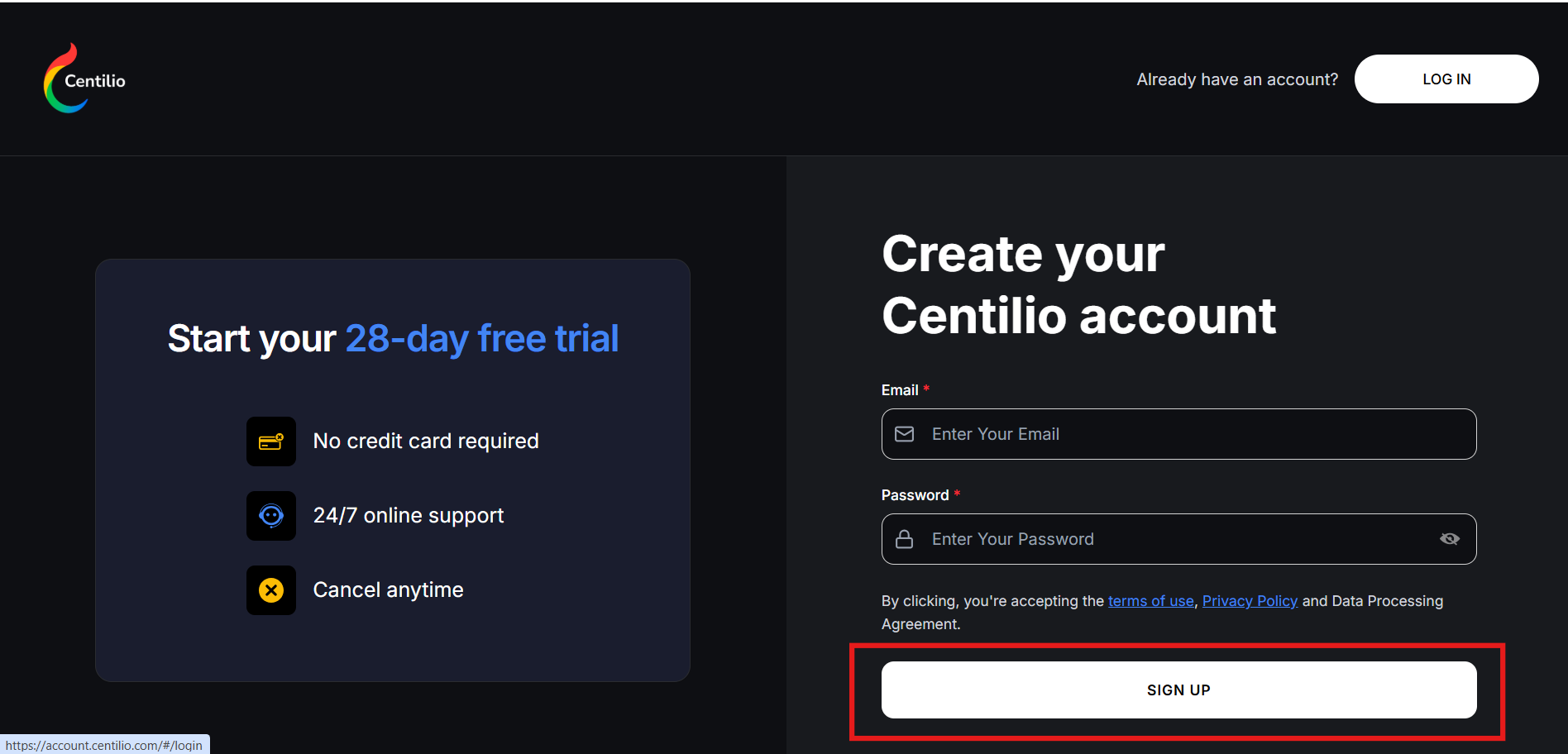 Centilio Sign Up Page