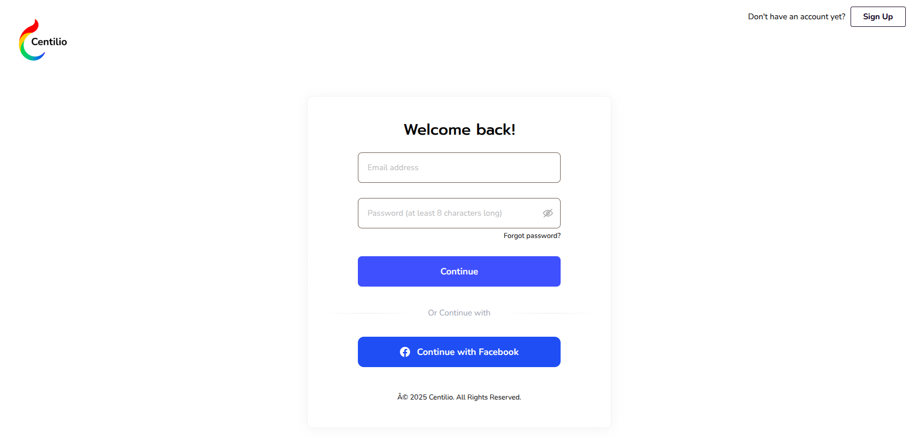 Centilio Log In Page