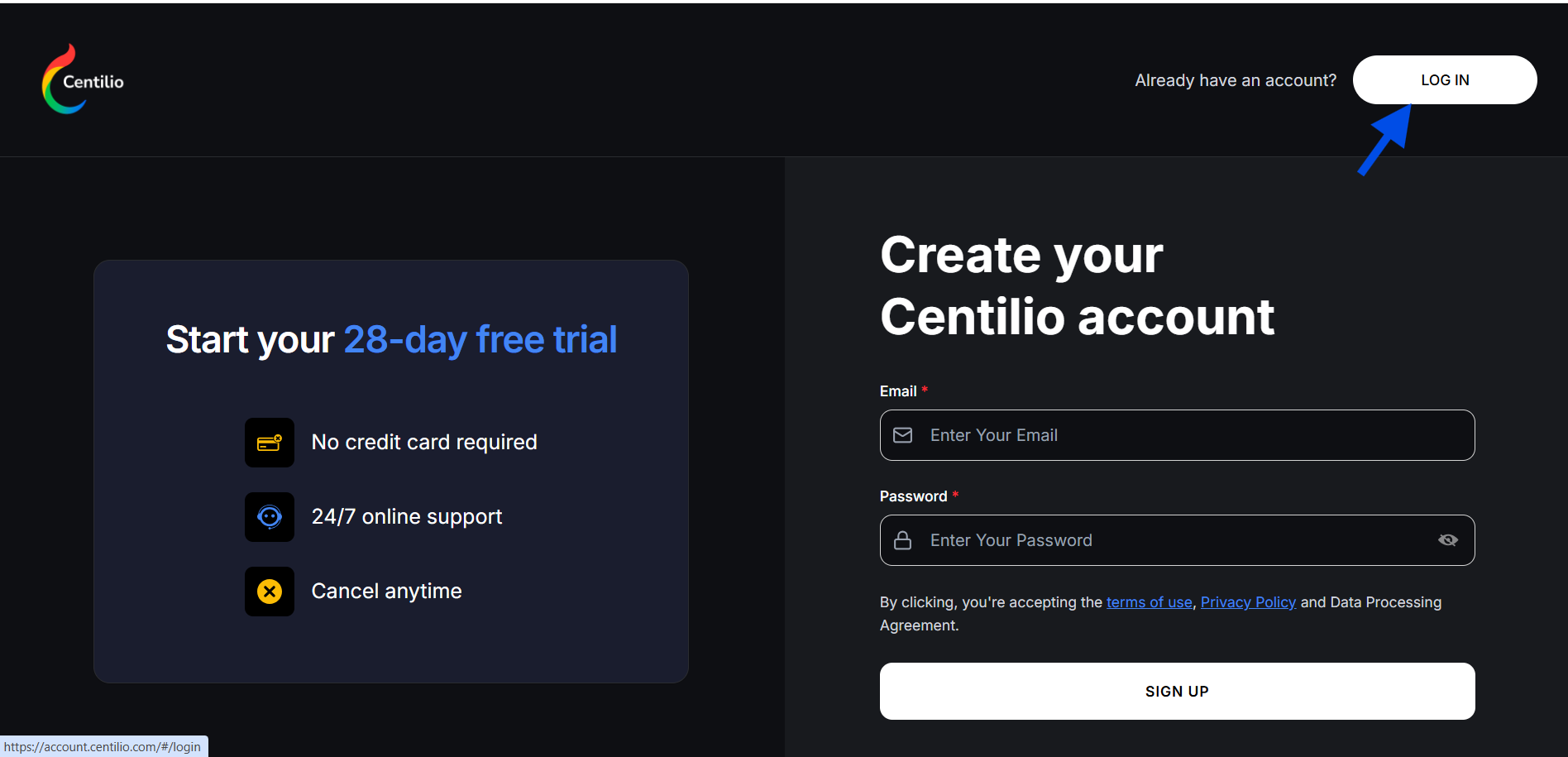 Centilio Log In Page