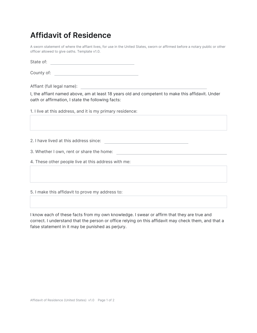 First page of the Affidavit of Residence (United States) template