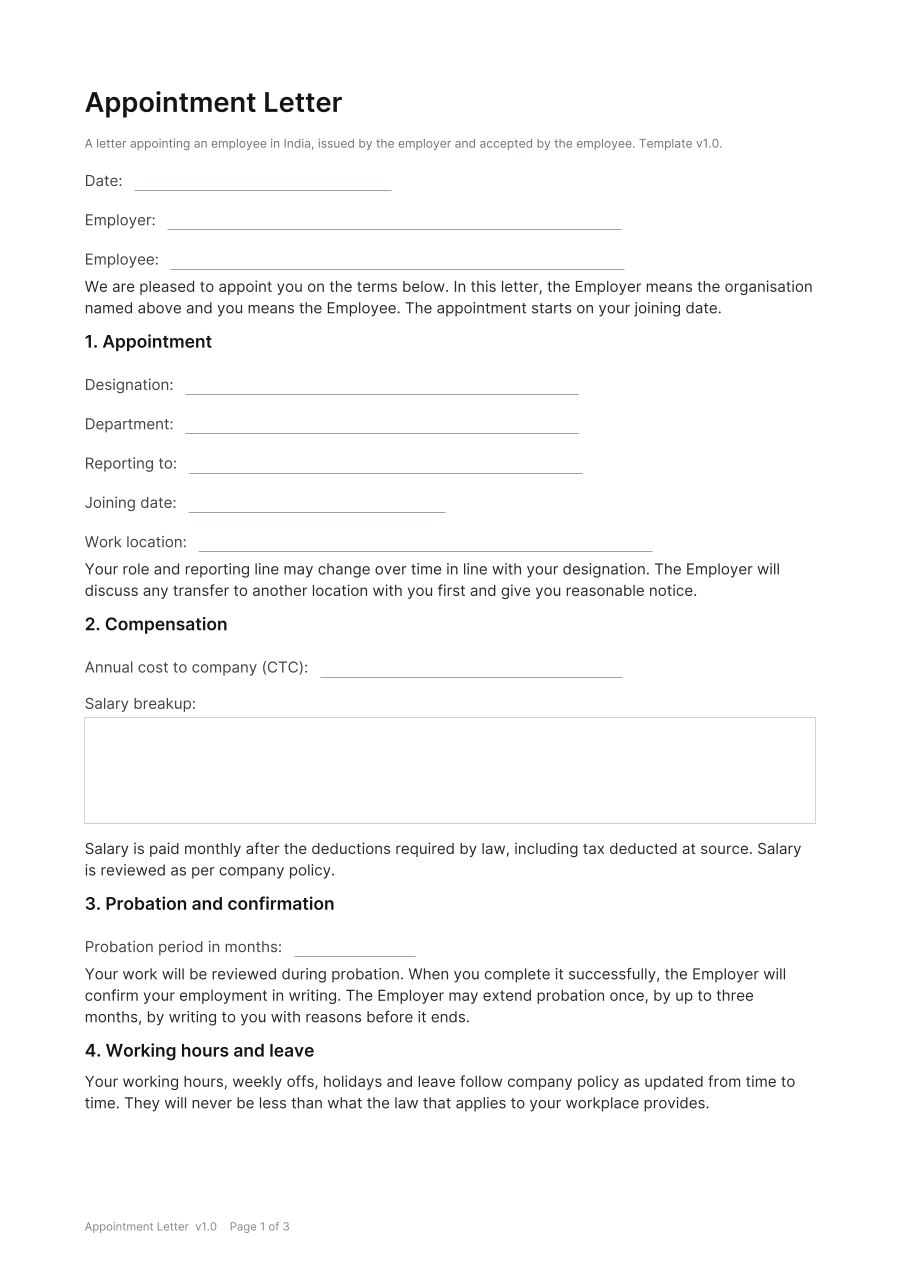 First page of the Appointment Letter template