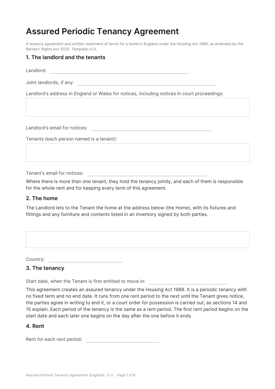 First page of the Assured Periodic Tenancy Agreement (England) template