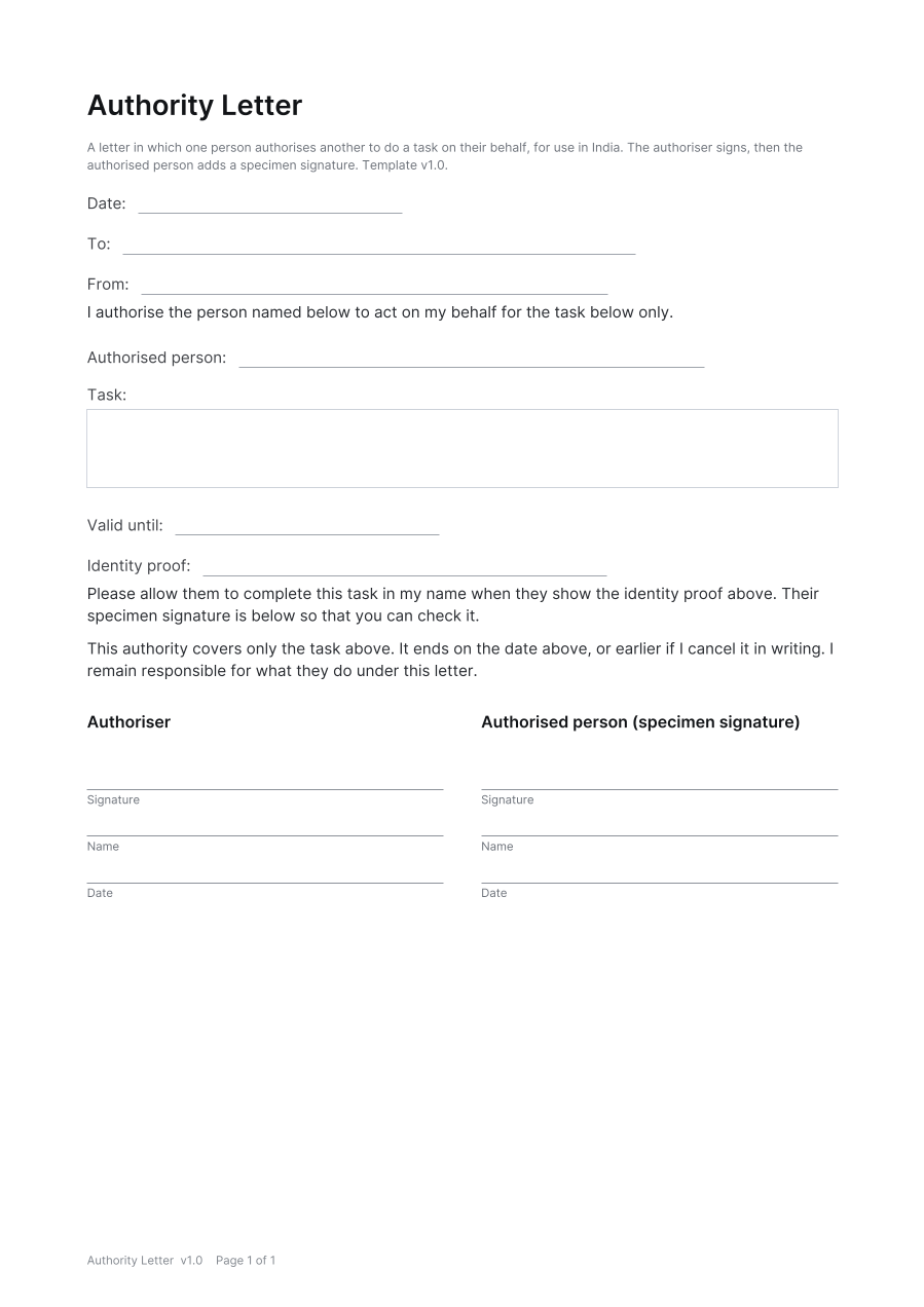 First page of the Authority Letter template