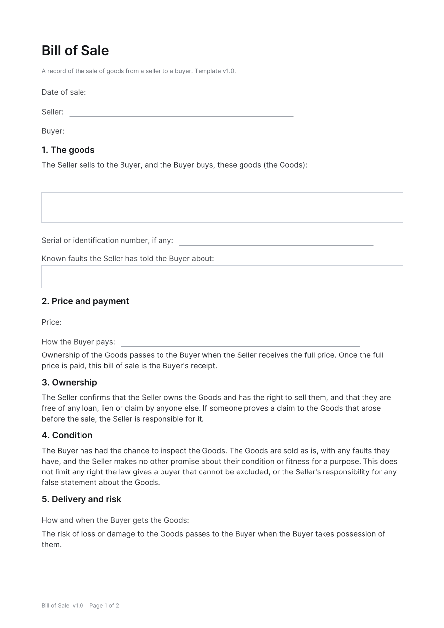 First page of the Bill of Sale template