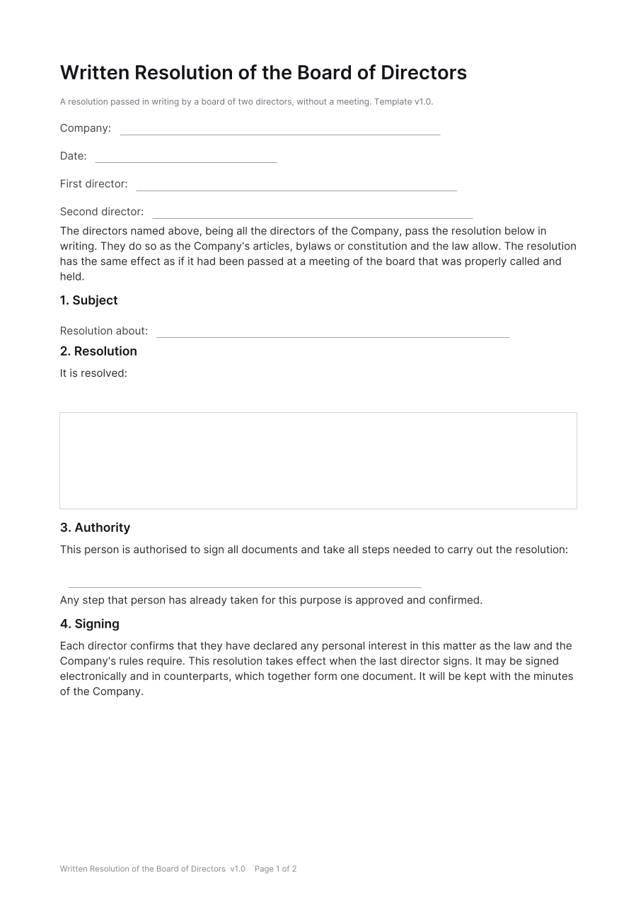 First page of the Written Resolution of the Board of Directors template