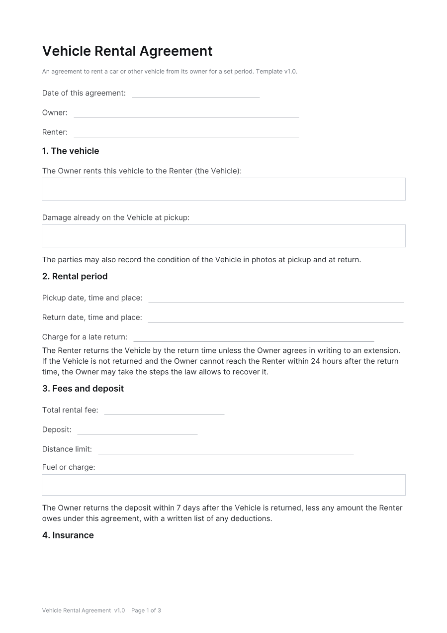 First page of the Vehicle Rental Agreement template