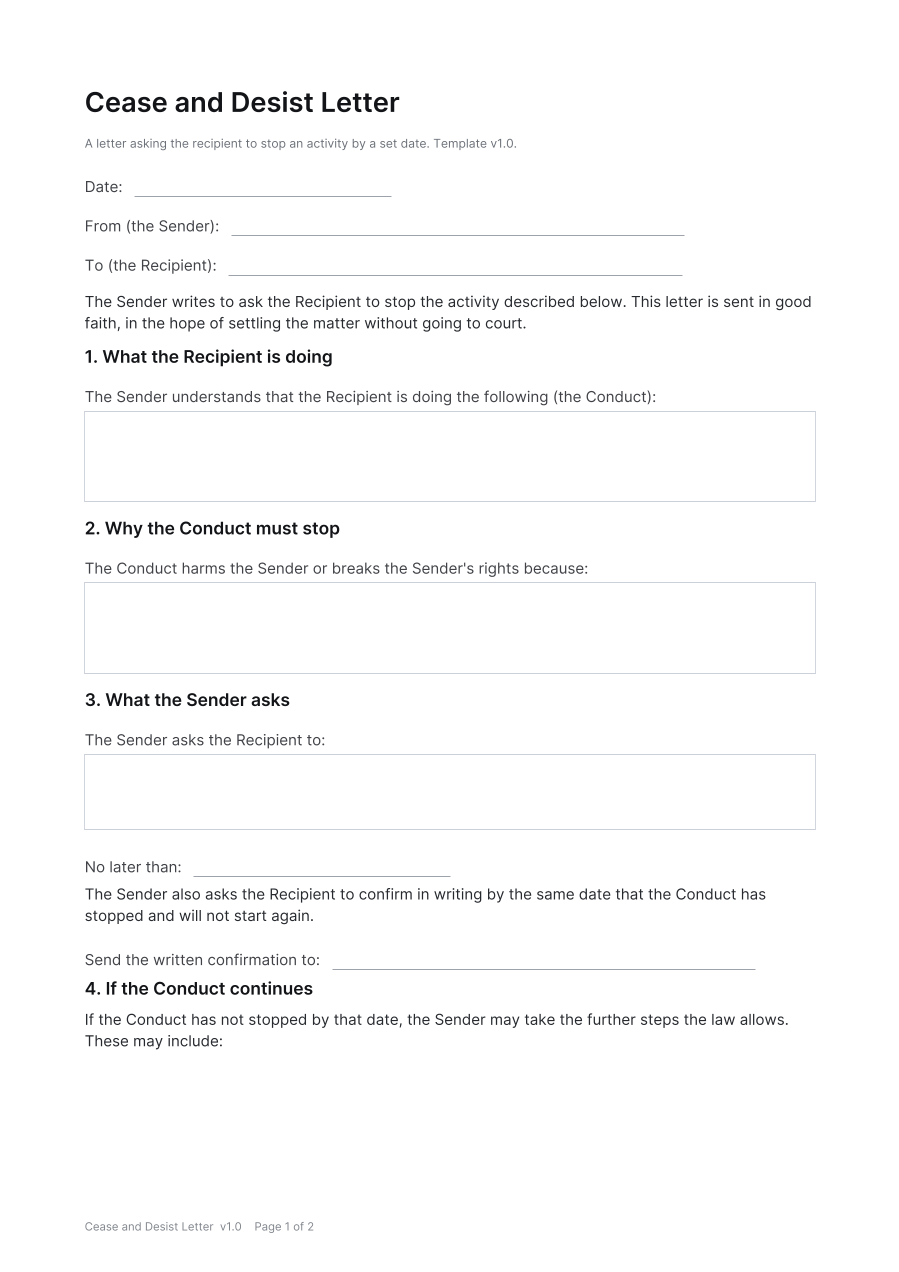 First page of the Cease and Desist Letter template
