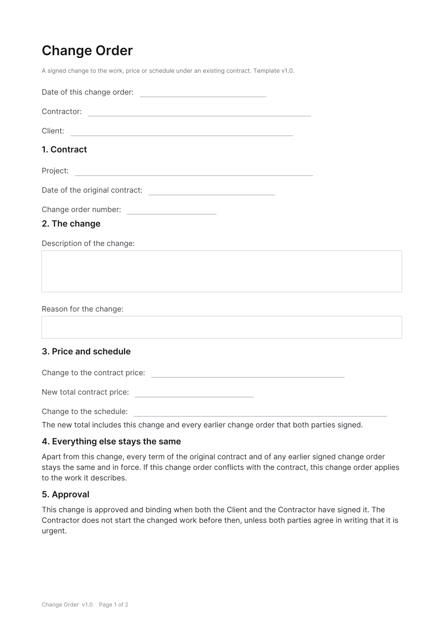First page of the Change Order template