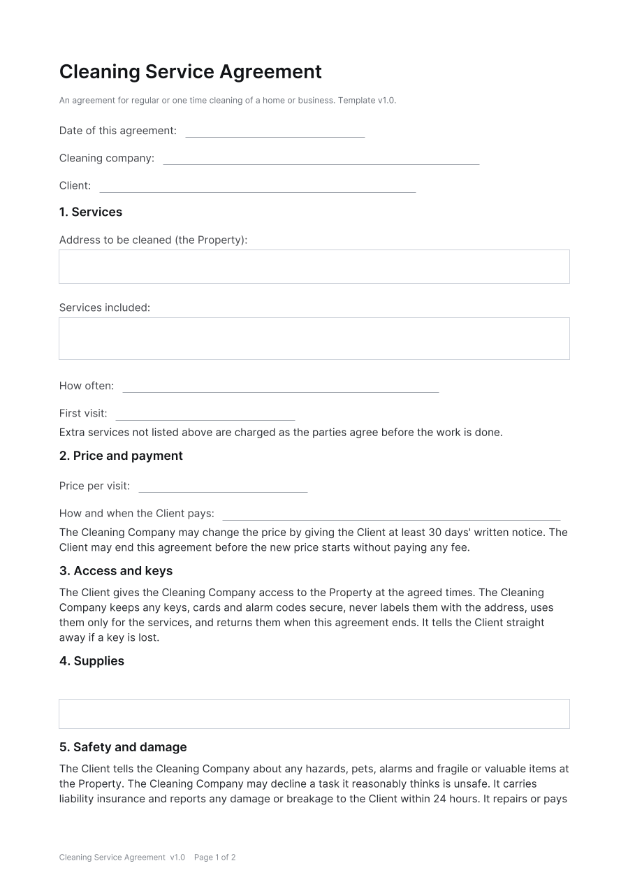 First page of the Cleaning Service Agreement template