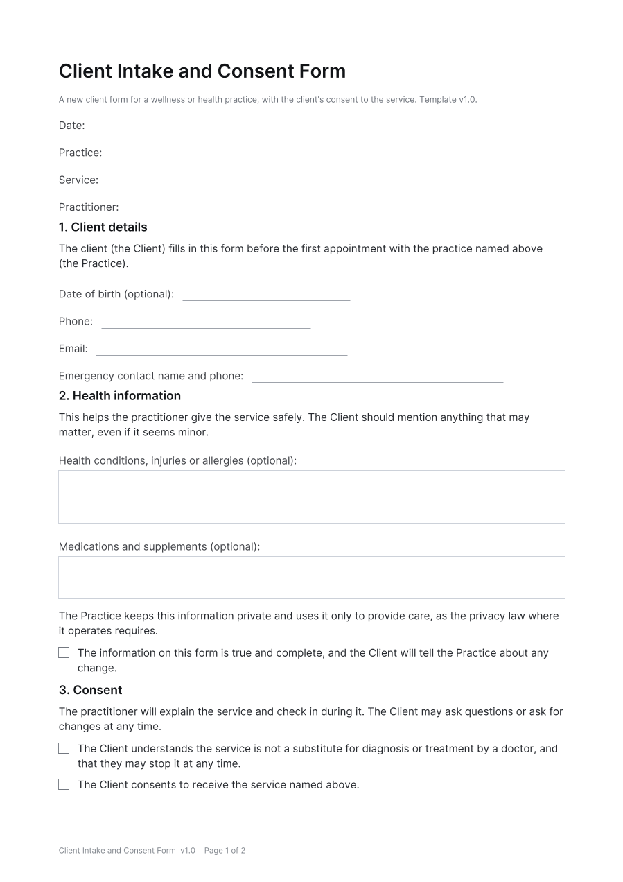 First page of the Client Intake and Consent Form template