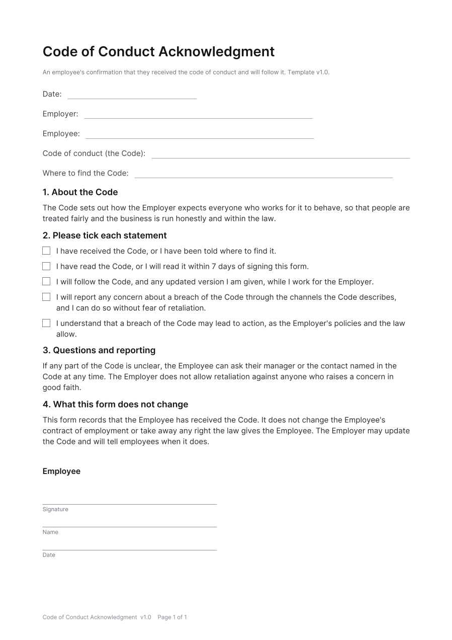 First page of the Code of Conduct Acknowledgment template