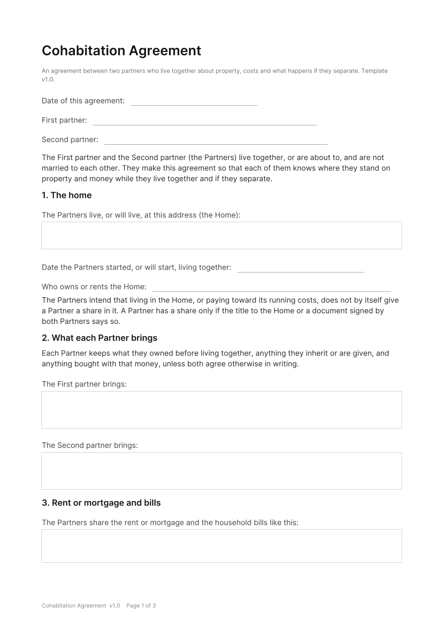 First page of the Cohabitation Agreement template