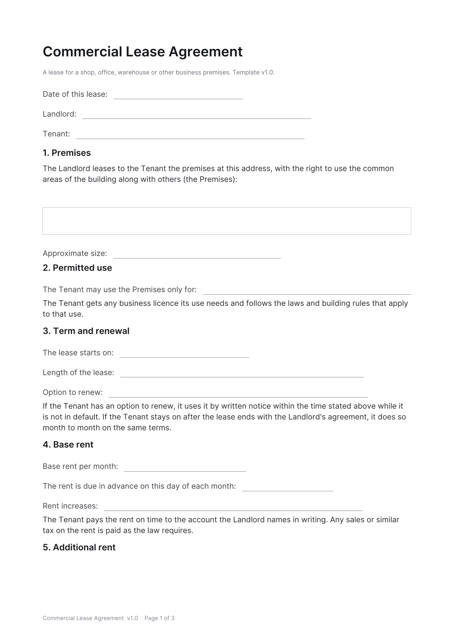 First page of the Commercial Lease Agreement template