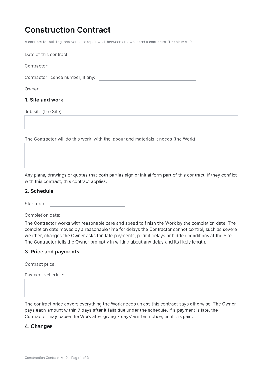 First page of the Construction Contract template