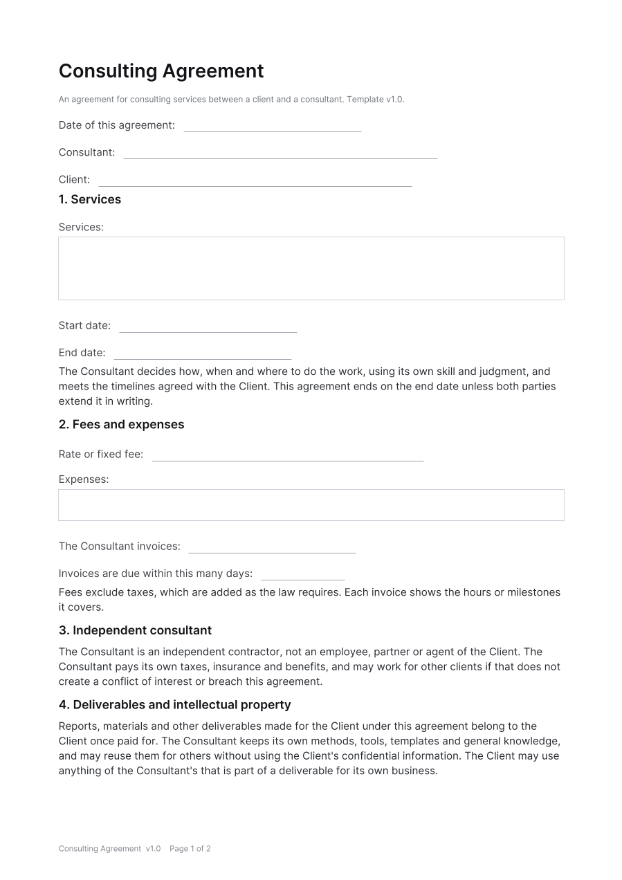 First page of the Consulting Agreement template