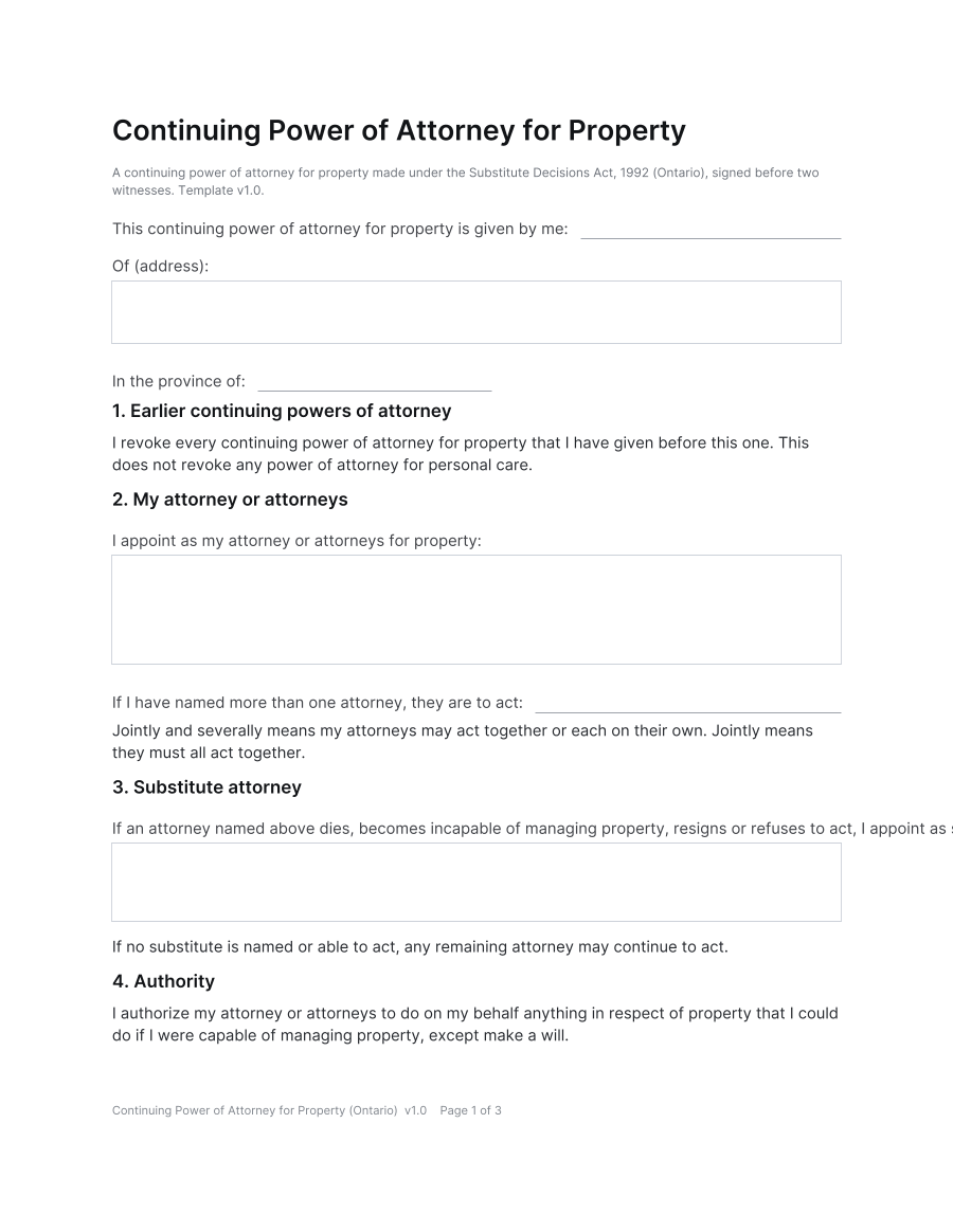 First page of the Continuing Power of Attorney for Property (Ontario) template