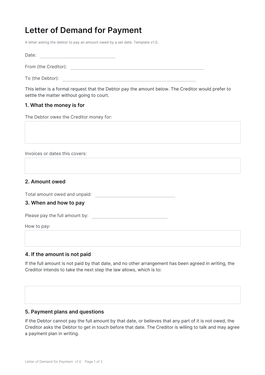 First page of the Letter of Demand for Payment template
