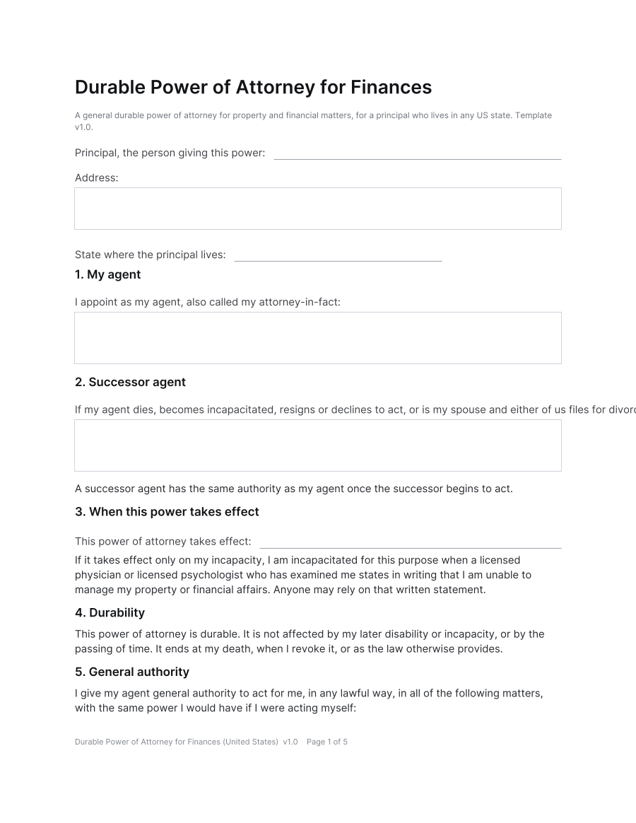 First page of the Durable Power of Attorney for Finances (United States) template