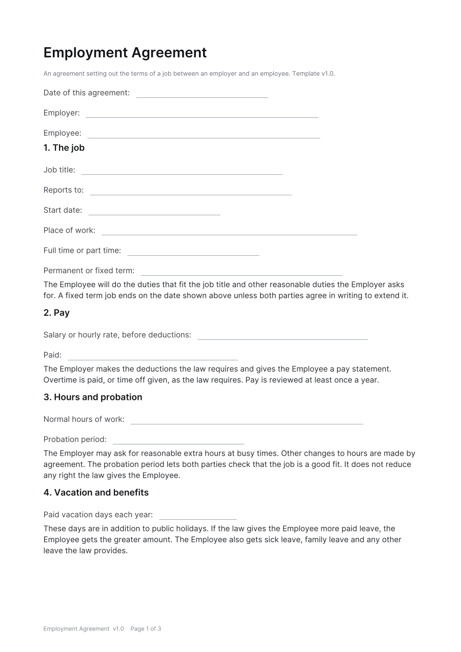 First page of the Employment Agreement template