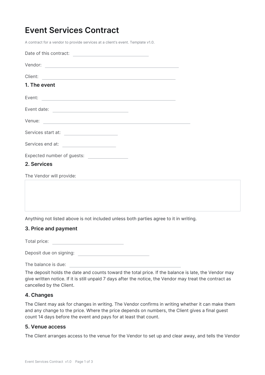First page of the Event Services Contract template