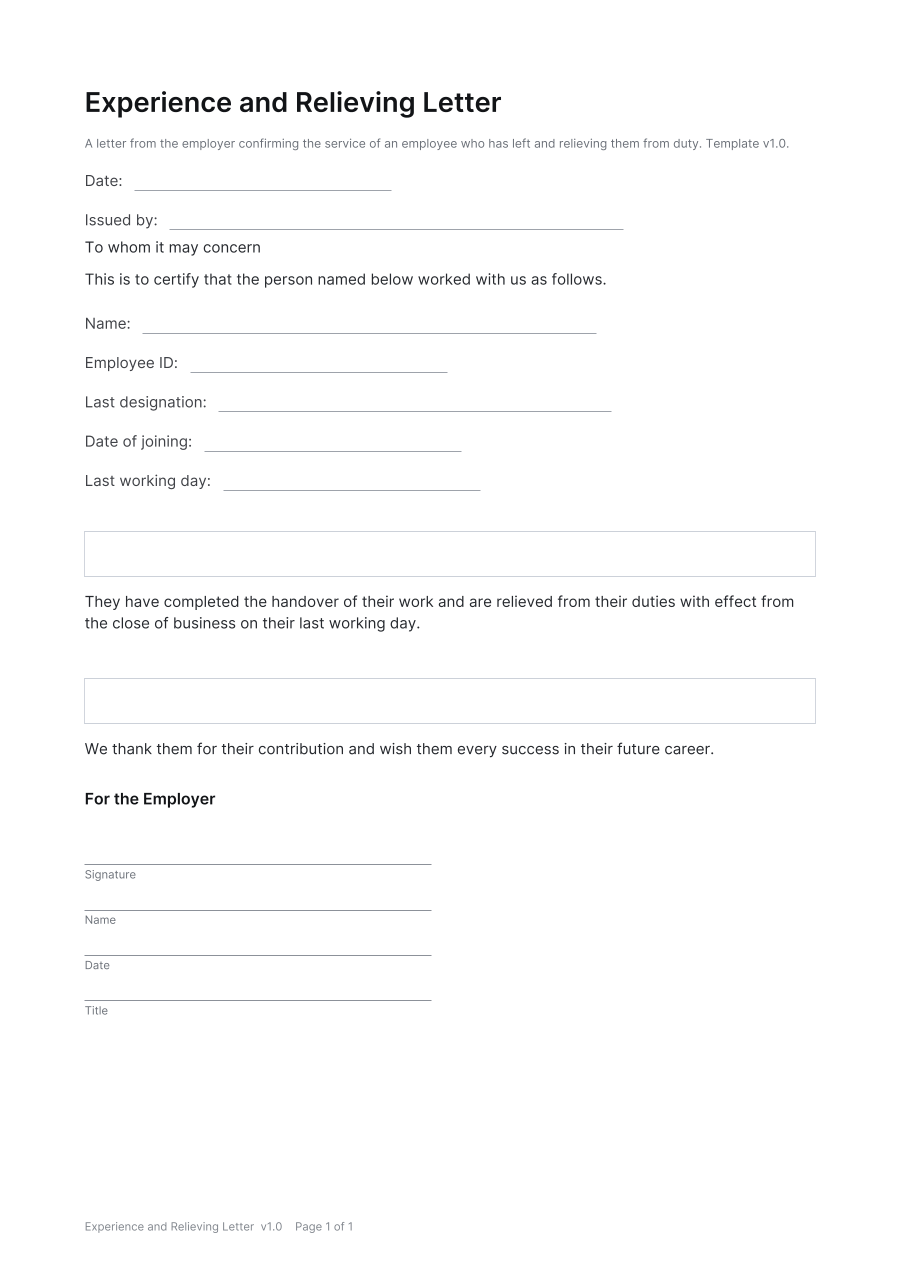 First page of the Experience and Relieving Letter template