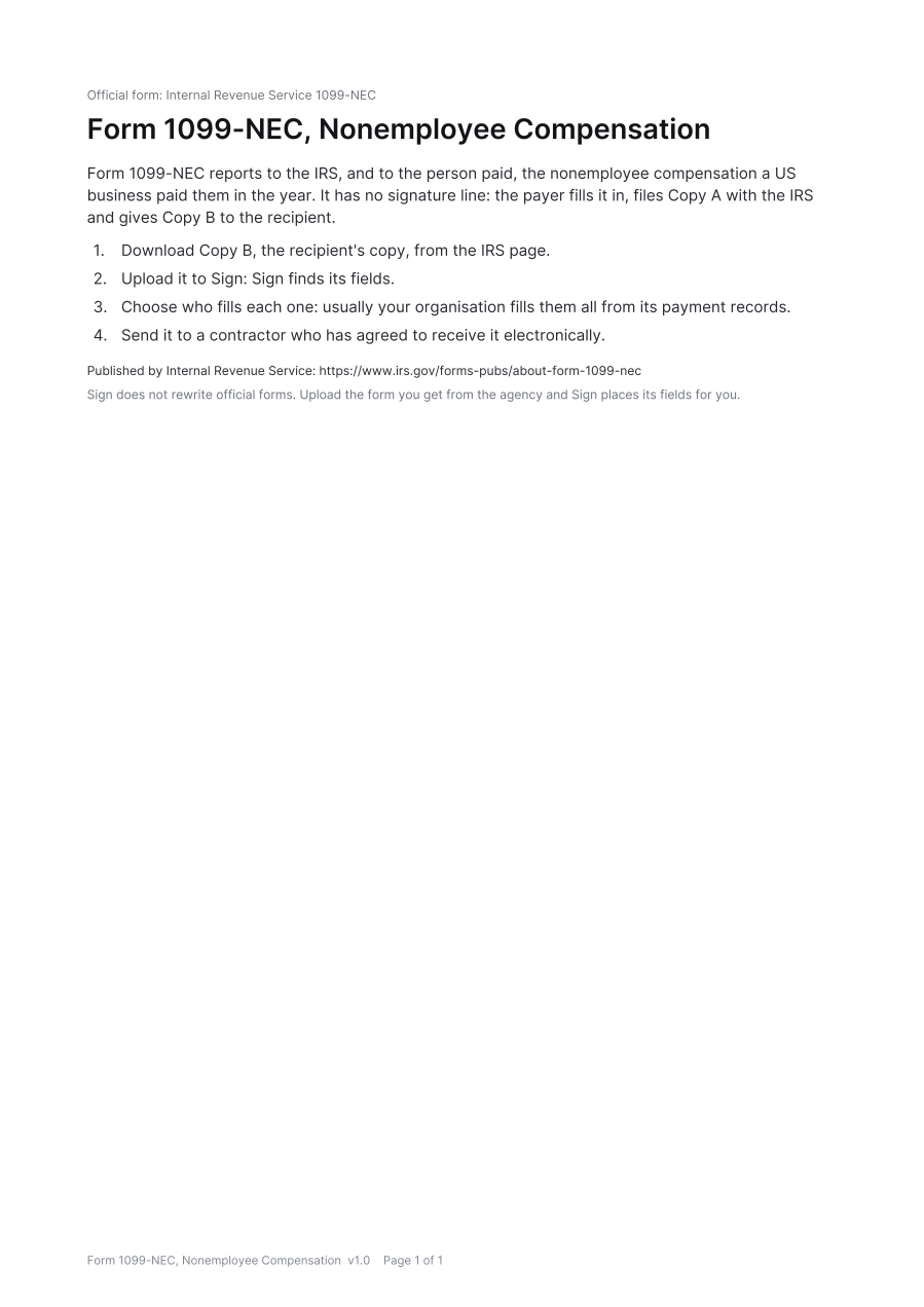 First page of the Form 1099-NEC, Nonemployee Compensation template