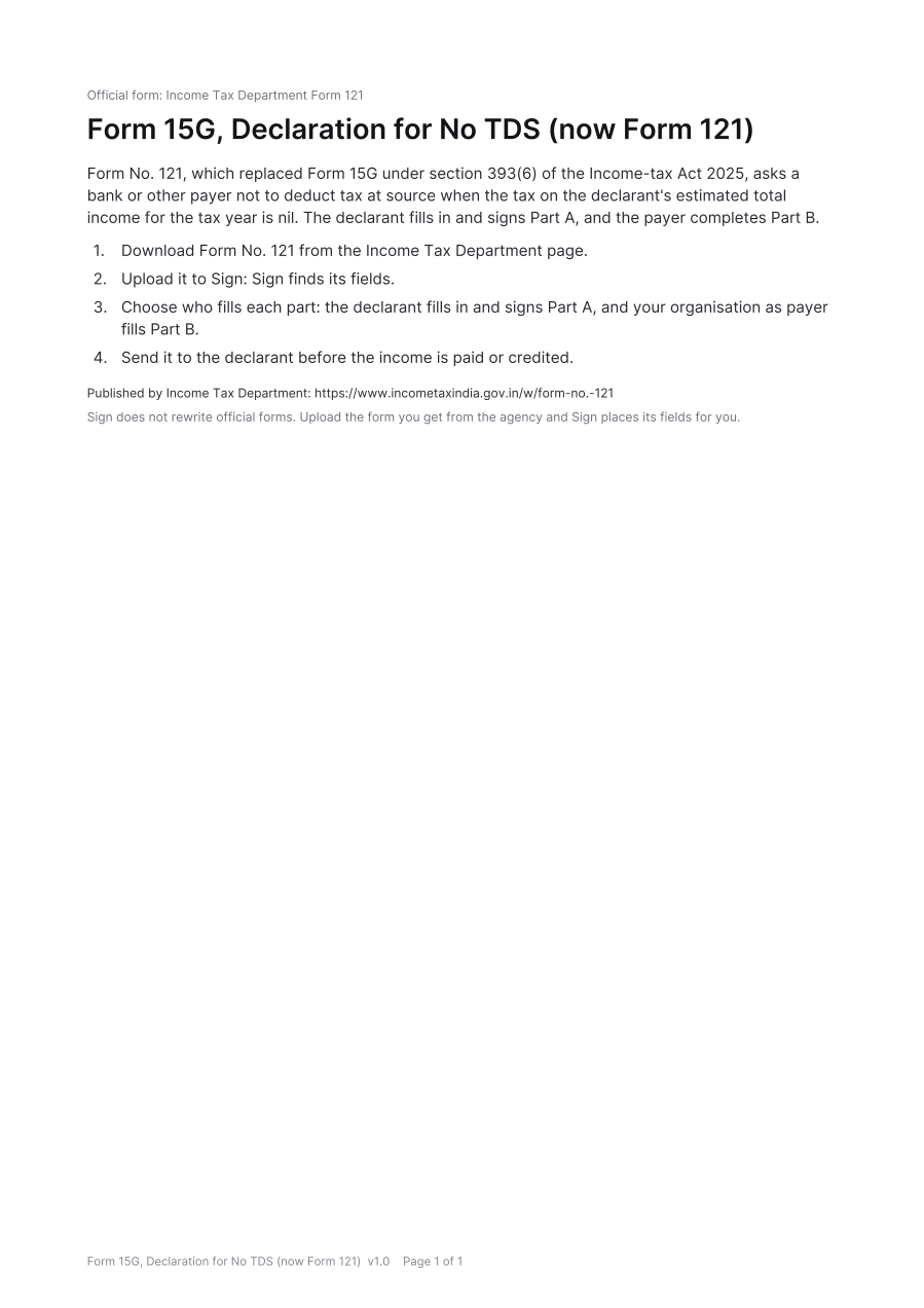 First page of the Form 15G, Declaration for No TDS (now Form 121) template