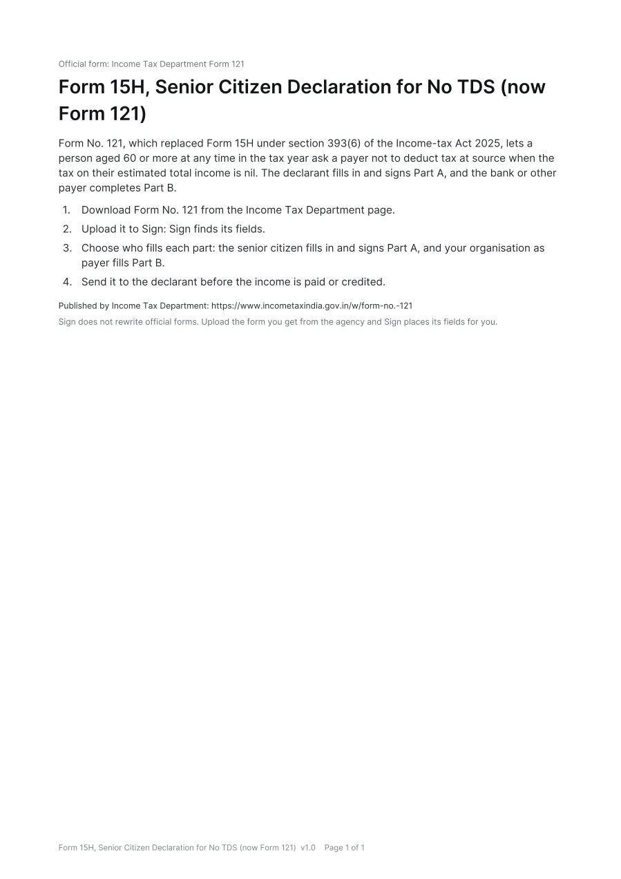 First page of the Form 15H, Senior Citizen Declaration for No TDS (now Form 121) template