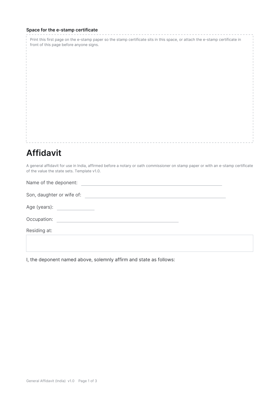 First page of the General Affidavit (India) template