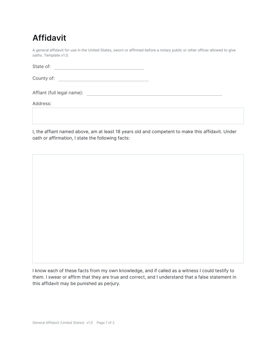 First page of the General Affidavit (United States) template
