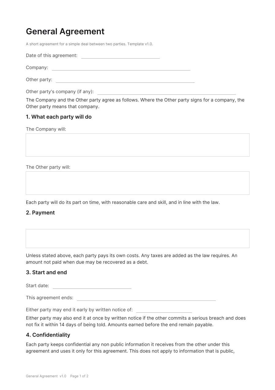 First page of the General Agreement template