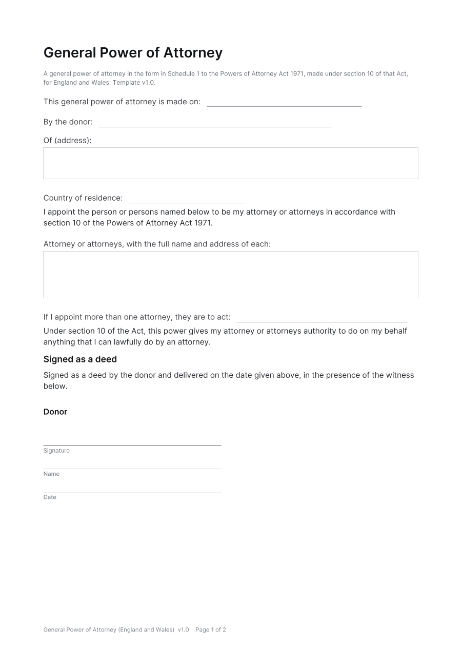 First page of the General Power of Attorney (England and Wales) template