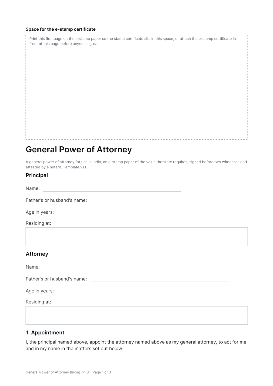 First page of the General Power of Attorney (India) template