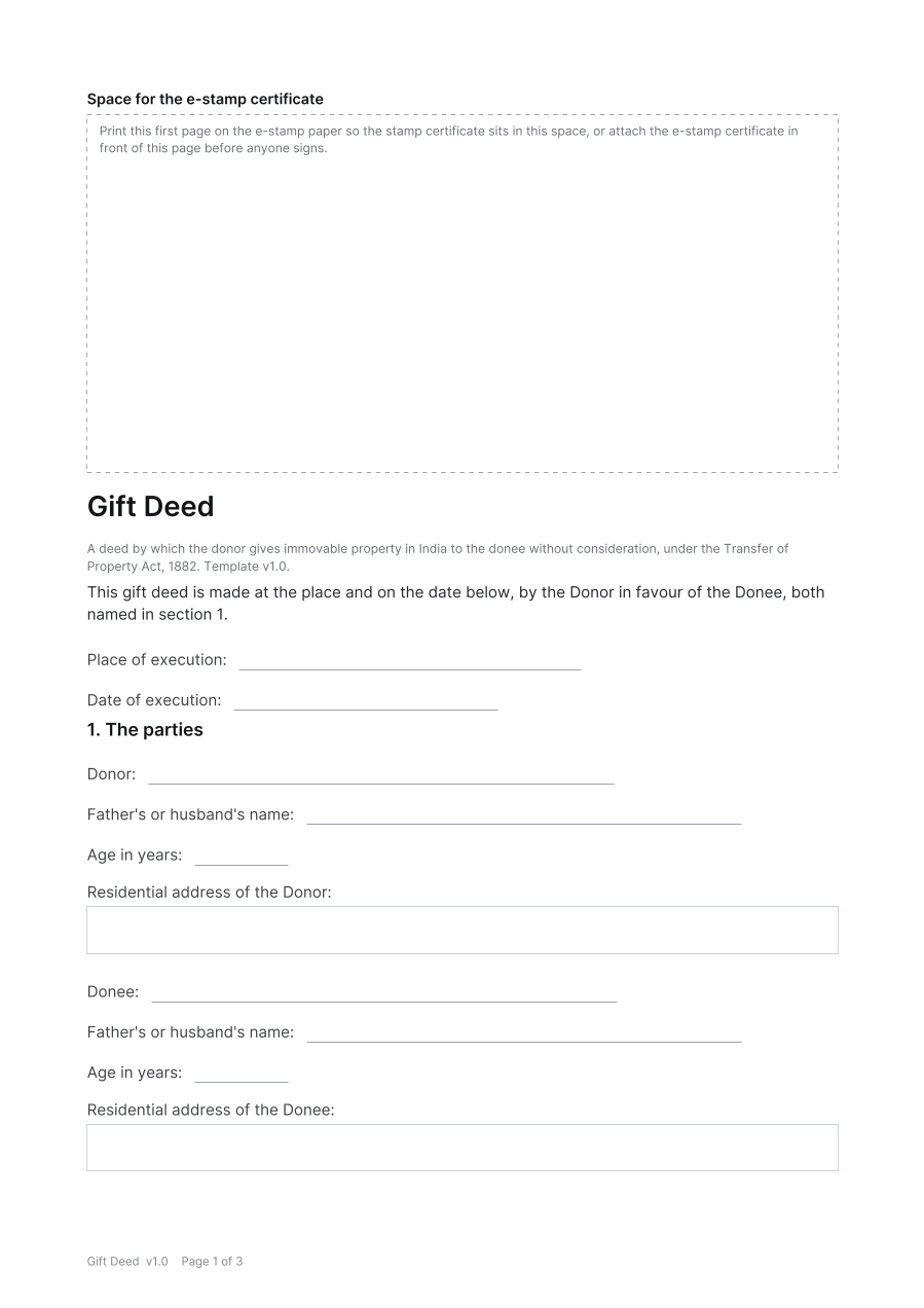 First page of the Gift Deed template