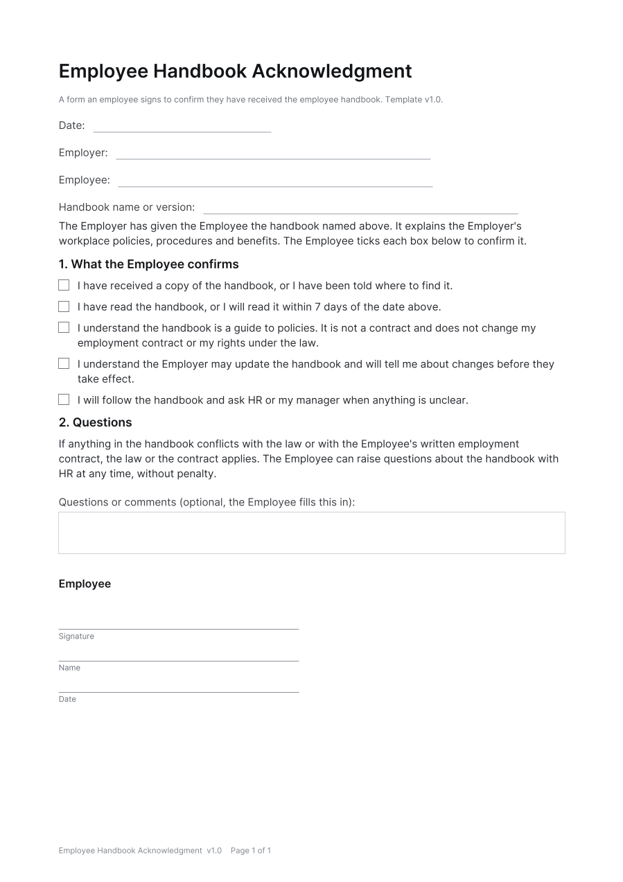 First page of the Employee Handbook Acknowledgment template