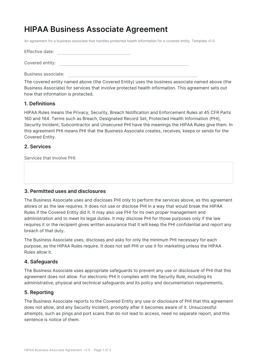 First page of the HIPAA Business Associate Agreement template