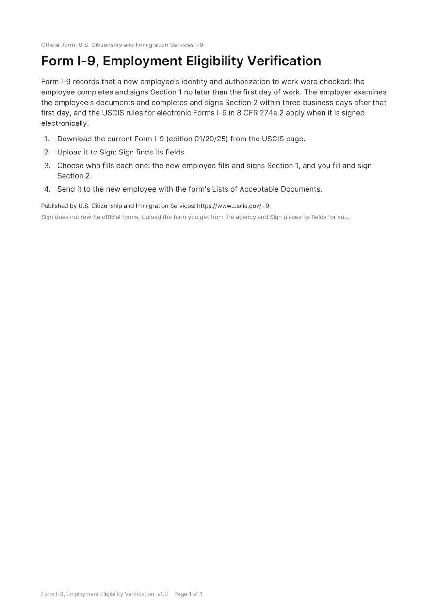 First page of the Form I-9, Employment Eligibility Verification template