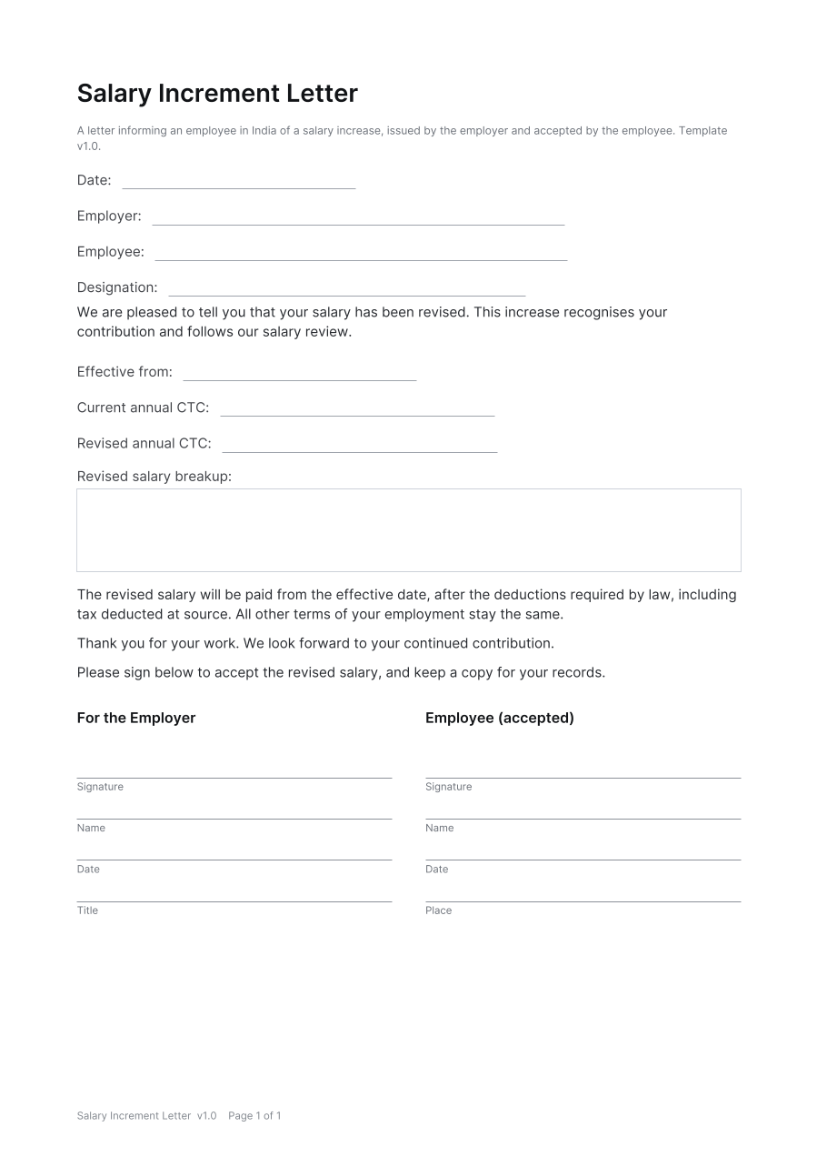 First page of the Salary Increment Letter template