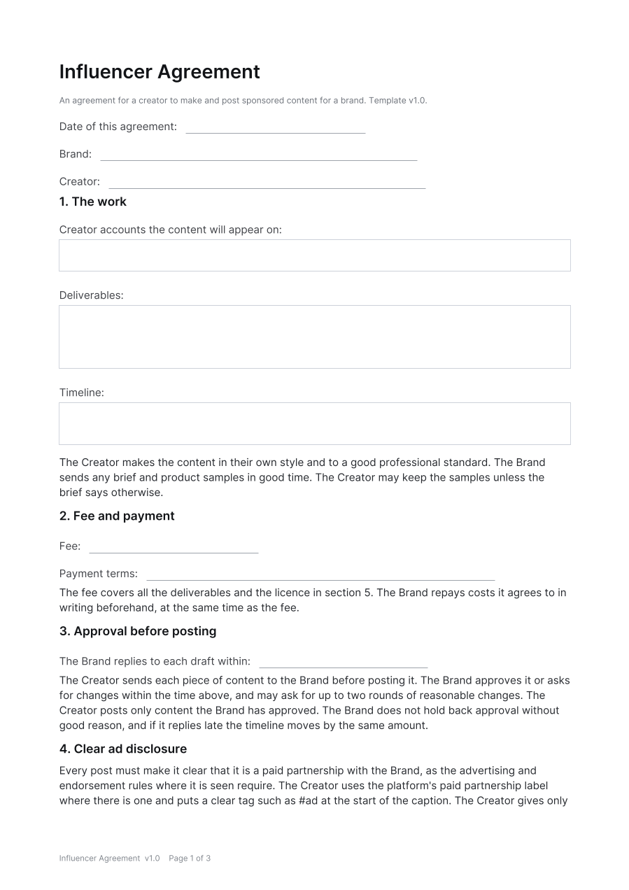 First page of the Influencer Agreement template