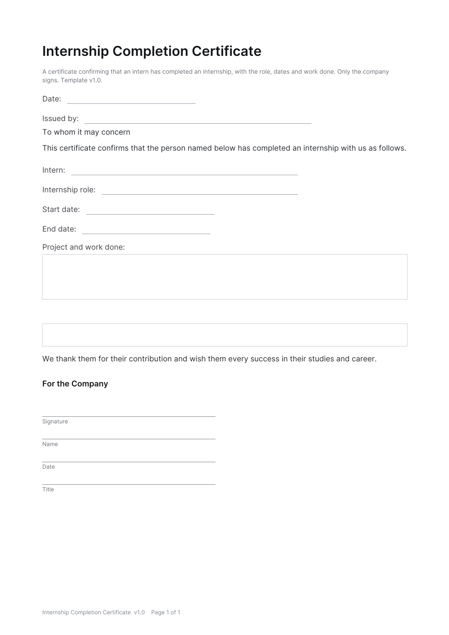 First page of the Internship Completion Certificate template