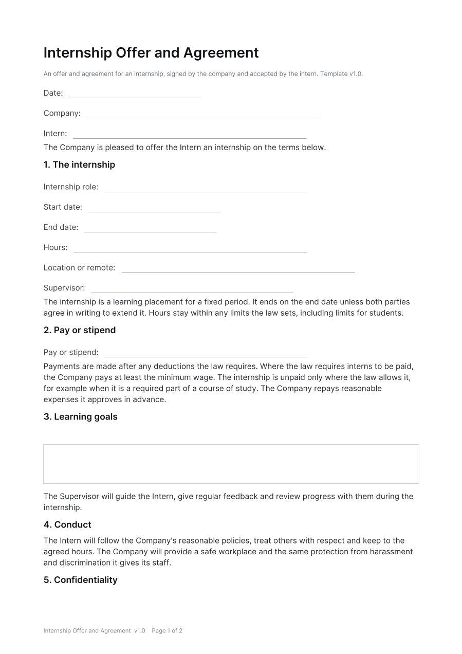 First page of the Internship Offer and Agreement template