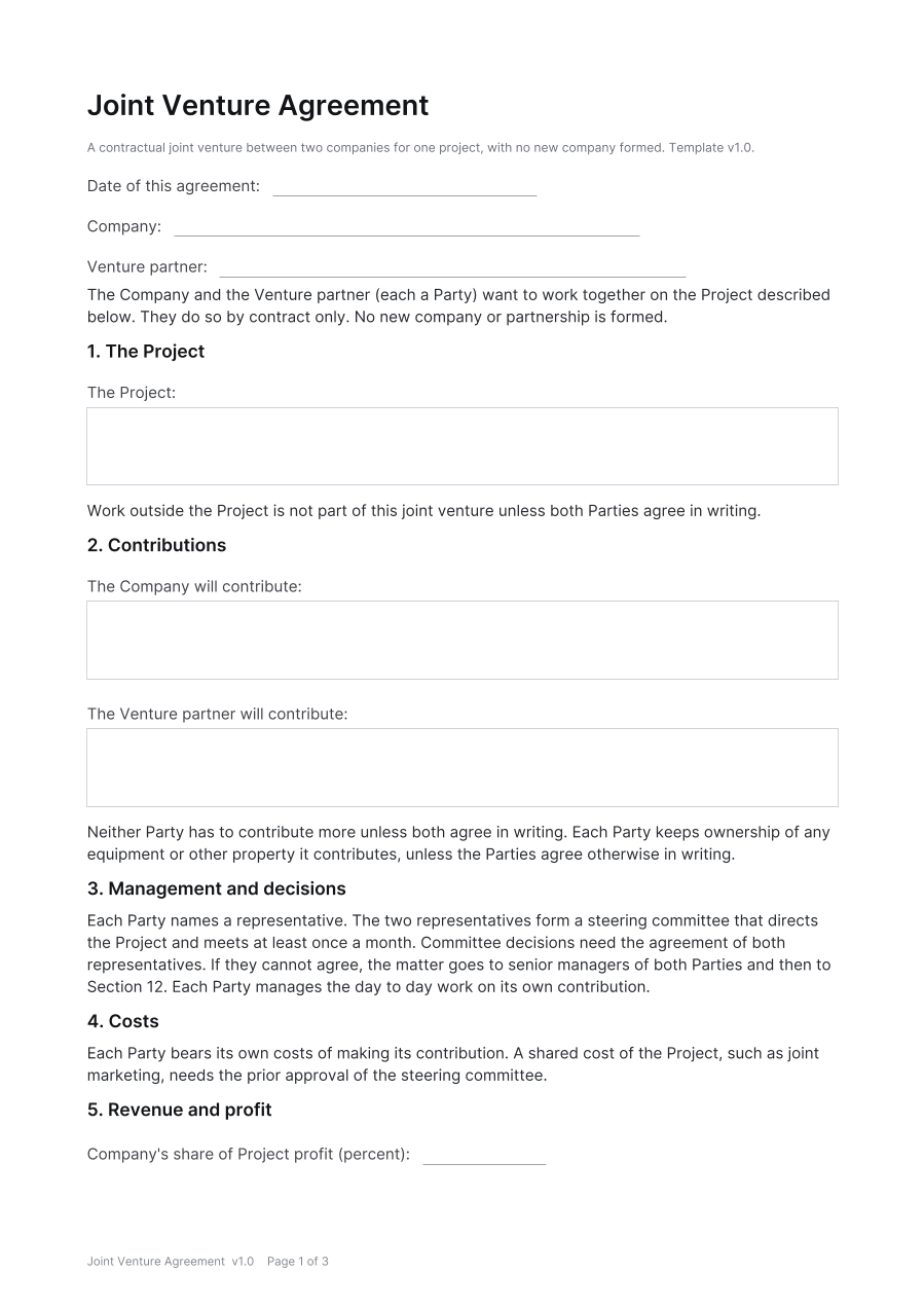 First page of the Joint Venture Agreement template
