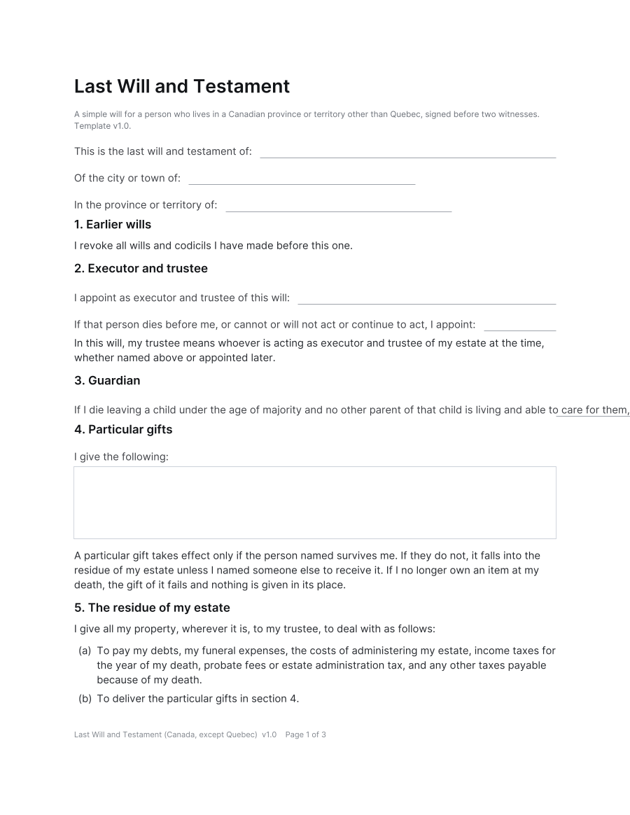 First page of the Last Will and Testament (Canada, except Quebec) template