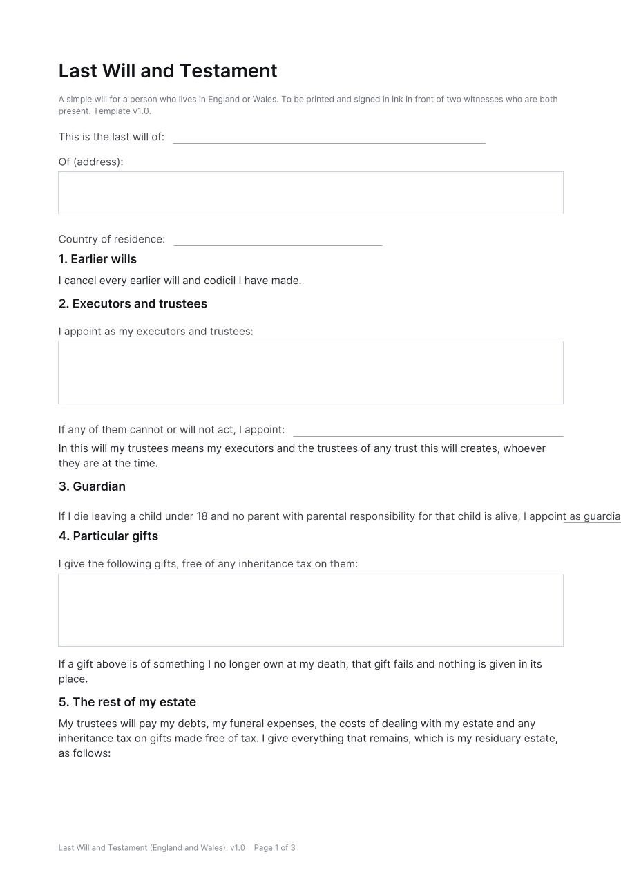 First page of the Last Will and Testament (England and Wales) template
