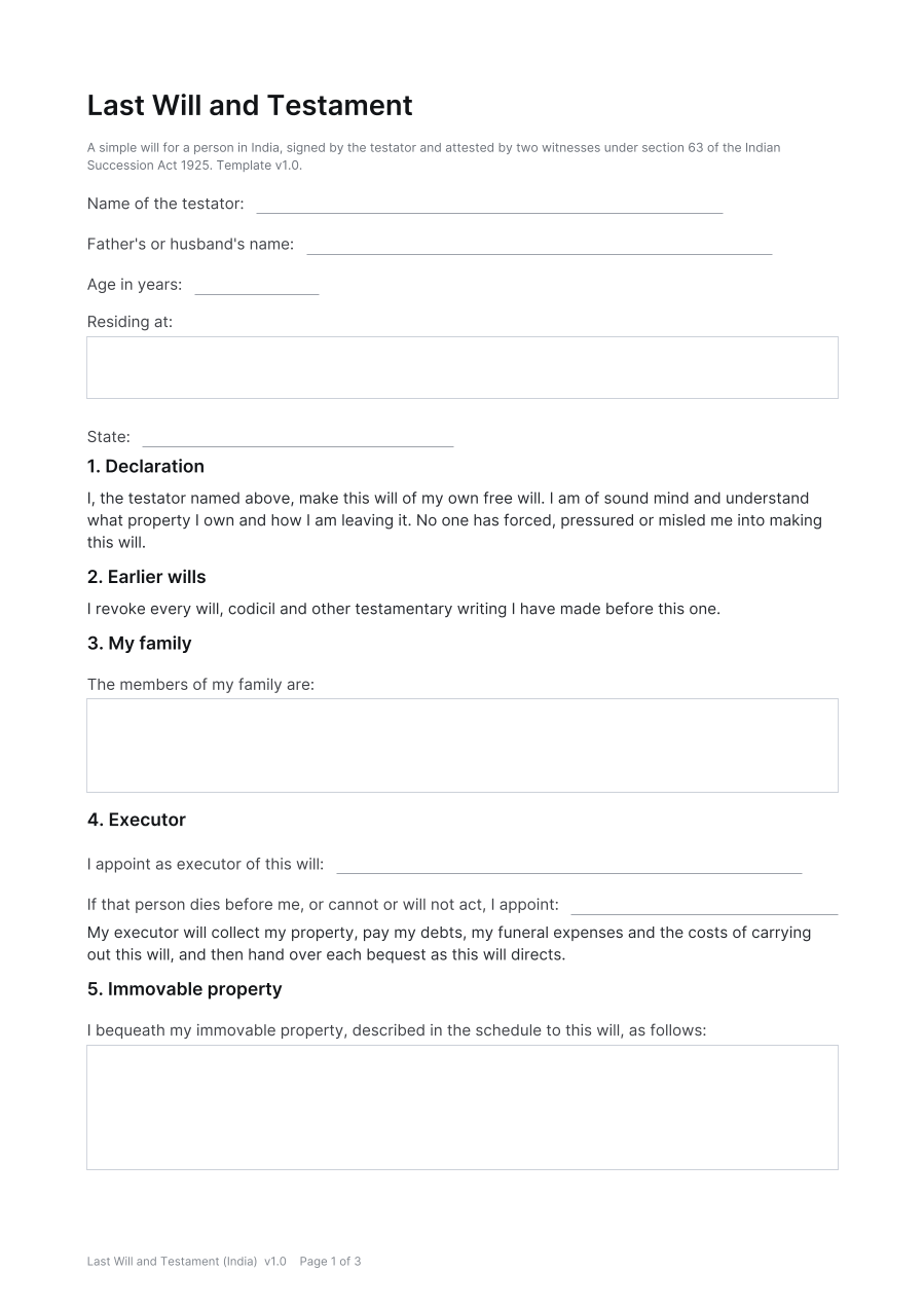 First page of the Last Will and Testament (India) template