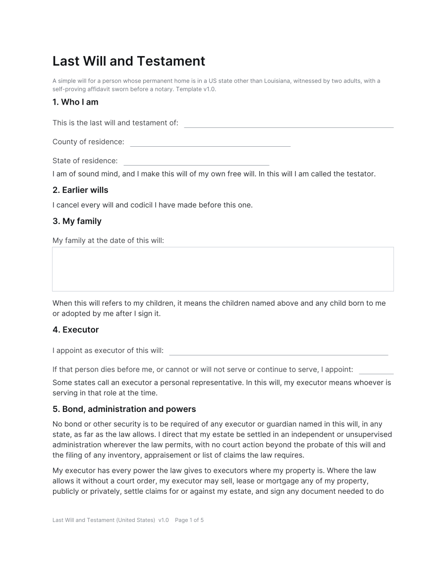 First page of the Last Will and Testament (United States) template