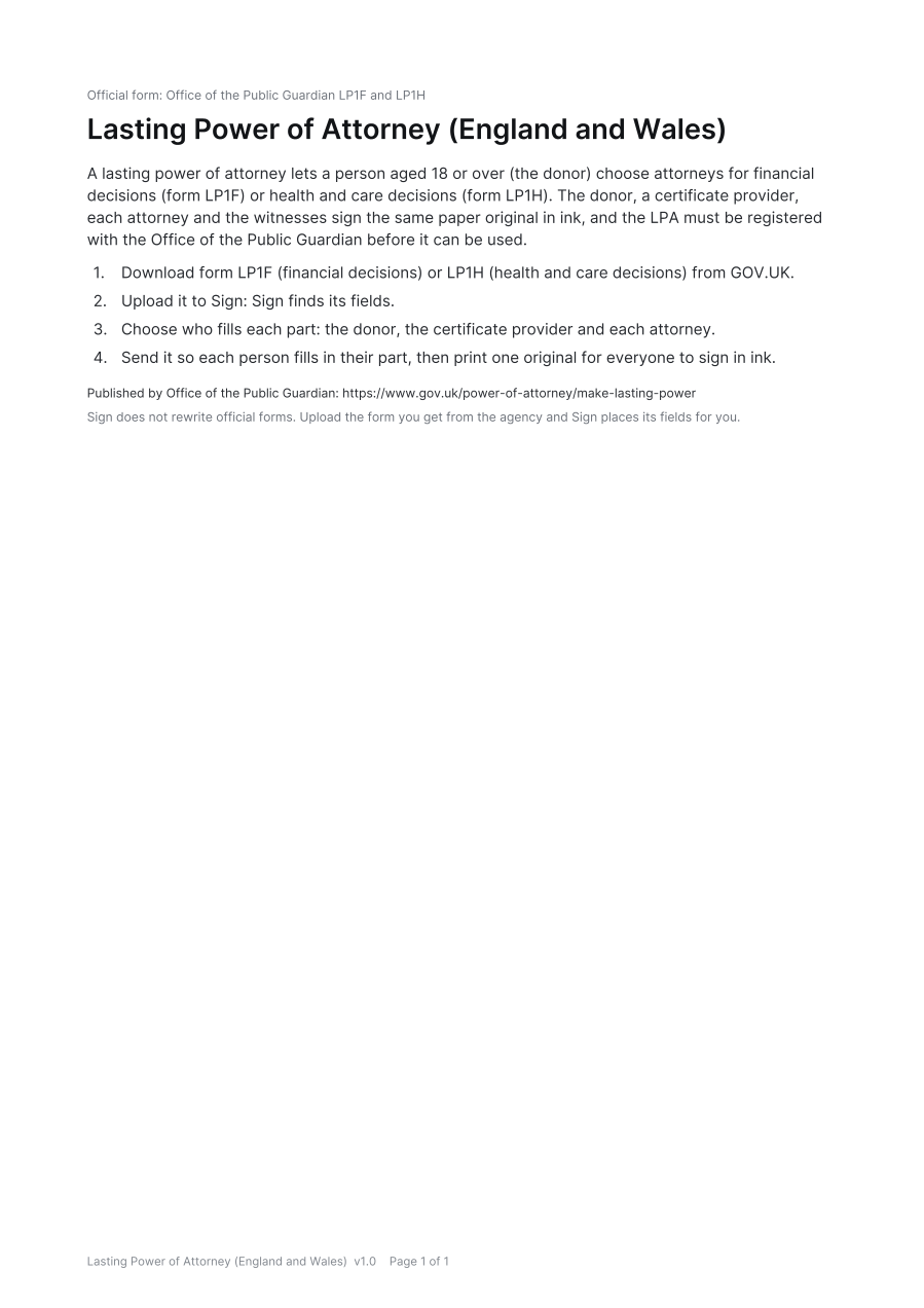 First page of the Lasting Power of Attorney (England and Wales) template