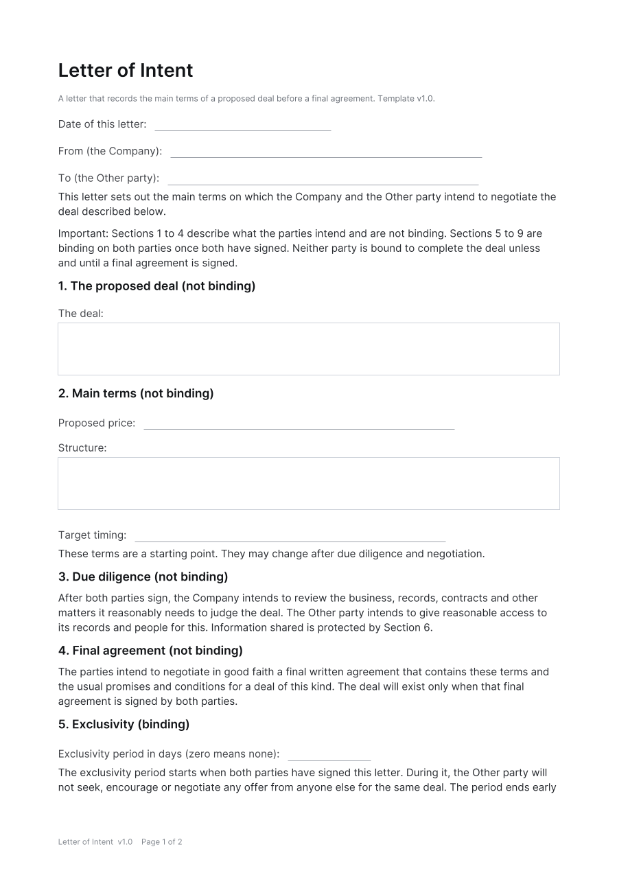 First page of the Letter of Intent template