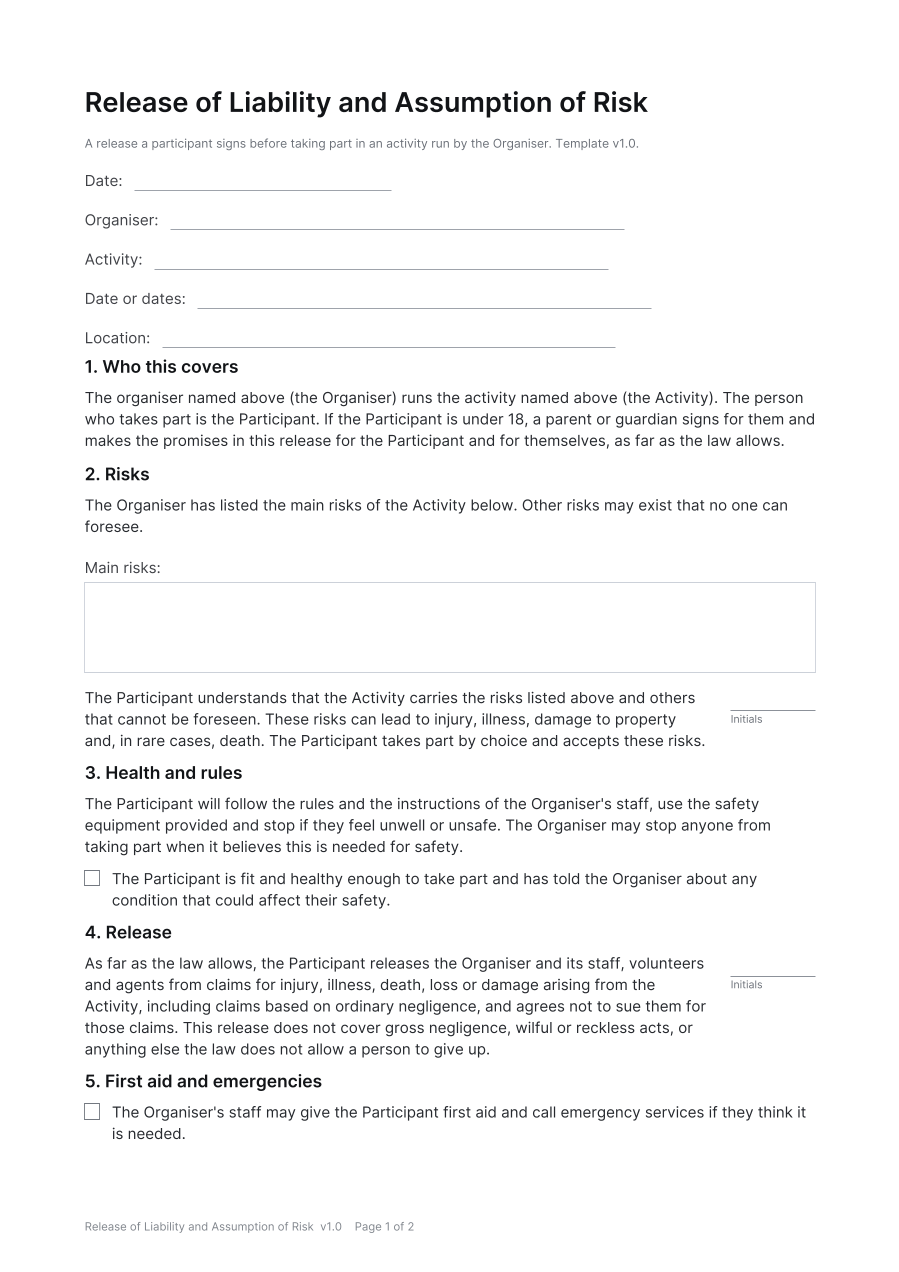 First page of the Release of Liability and Assumption of Risk template