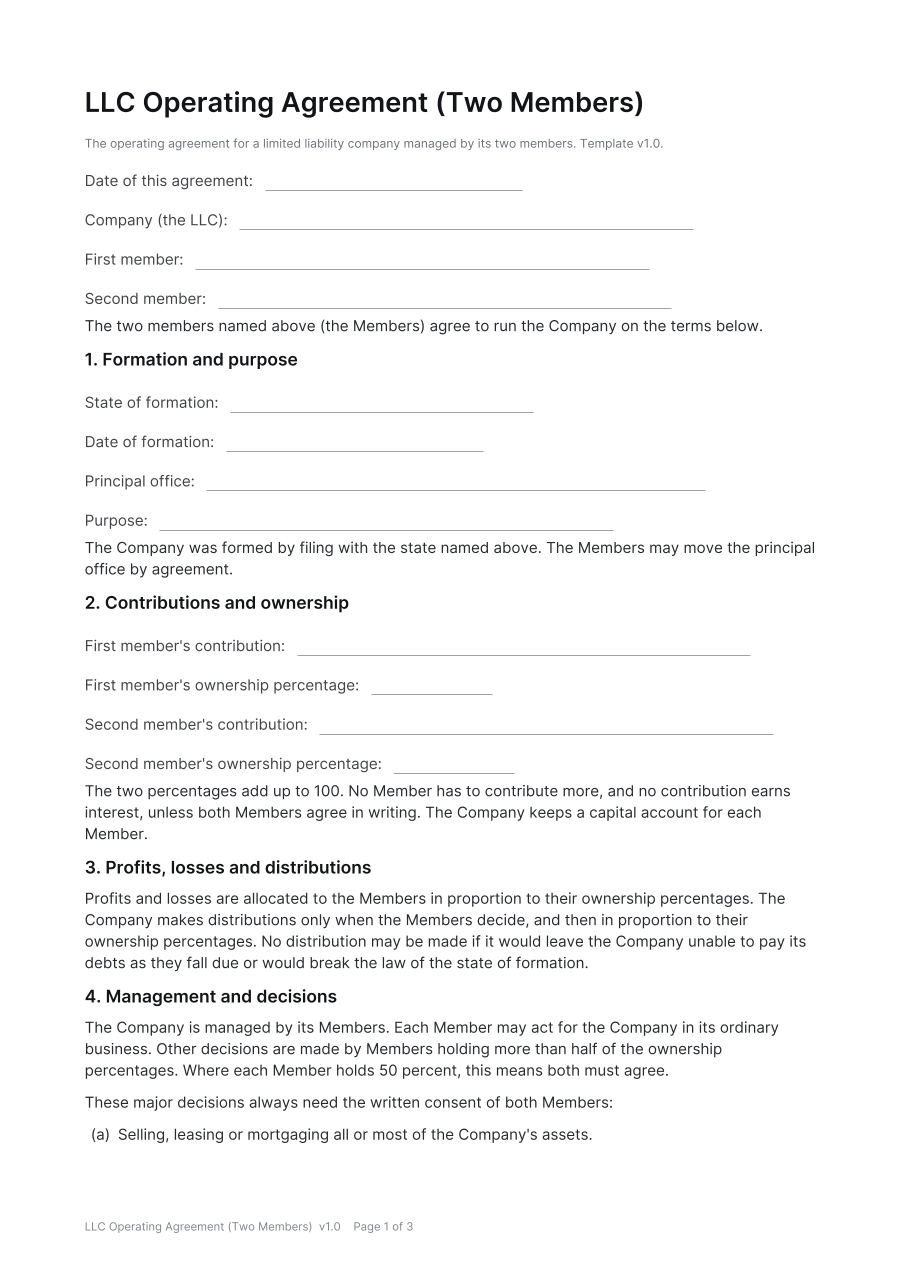 First page of the LLC Operating Agreement (Two Members) template